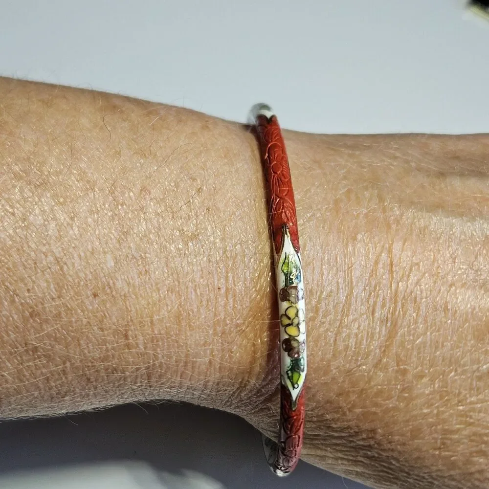 Gold Tone Vntg Carved Red Cinnabar White Cloisonne Bracelet 7.75